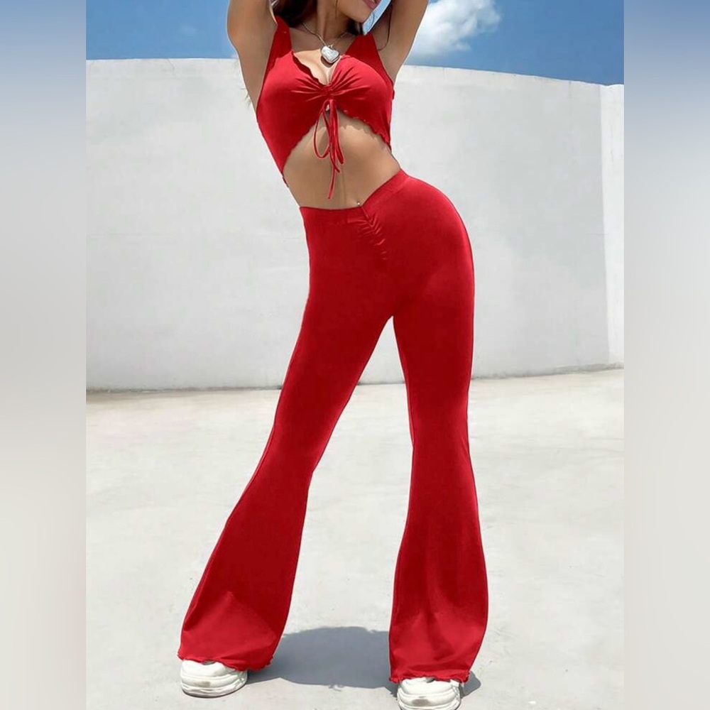 Red Boot Cut Flare Jumpsuit